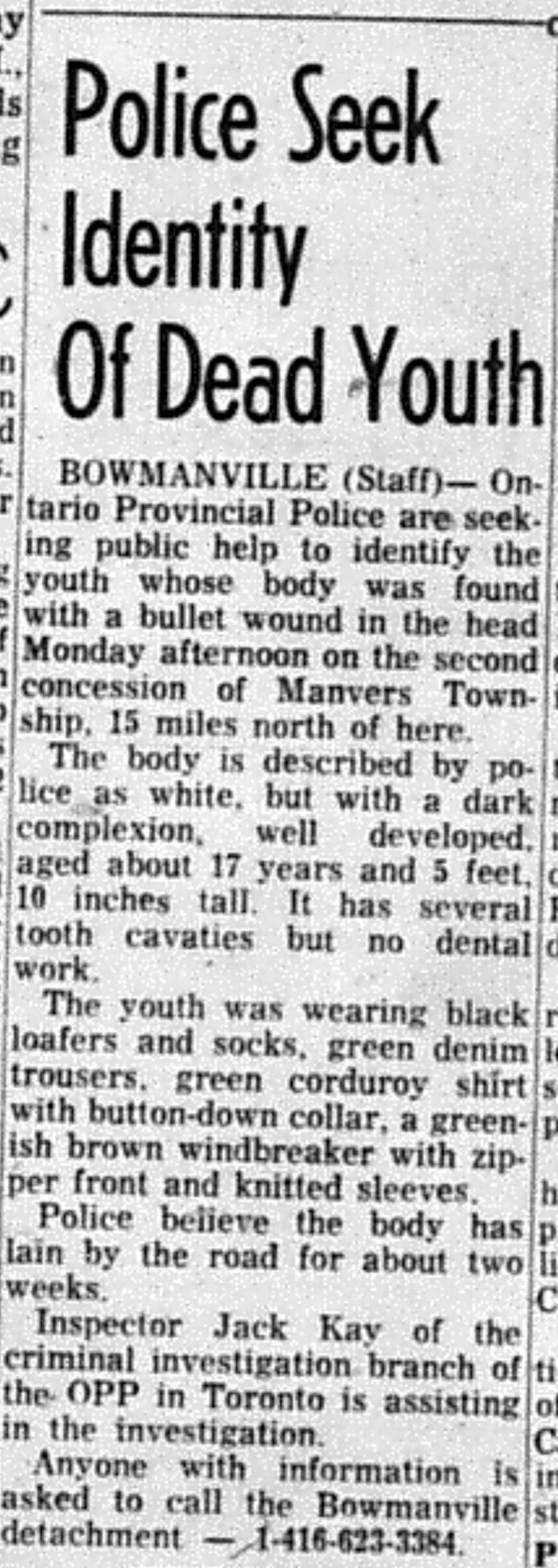 Peterborough Examiner, August 2, 1967: Police Seek Identity Of Dead Youth
