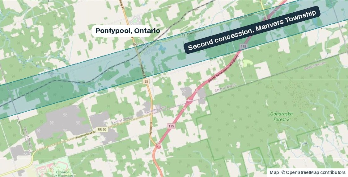 Map of Pontypool, Ontario, with the second concession of Manvers Township shaded, south of the village between Highway 35 and Highway 115