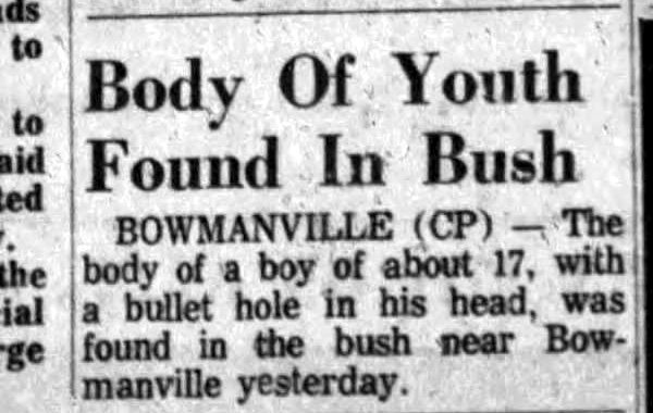 Hamilton Spectator, August 2, 1967: Body Of Youth Found In Bush