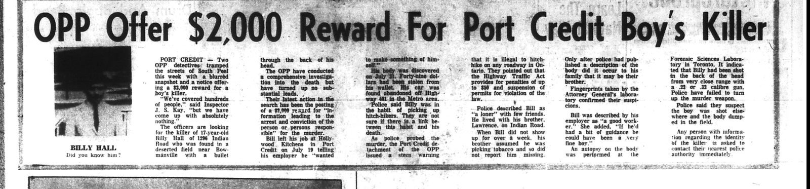 The Weekly, August 30, 1967: OPP Offer $2,000 Reward For Port Credit Boy’s Killer